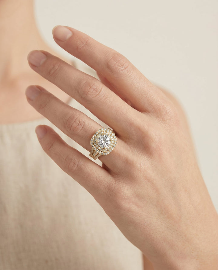 Round Brilliant, Four Row Double Halo, in 18K Yellow Gold, pave setting – lifestyle shot | RockHer