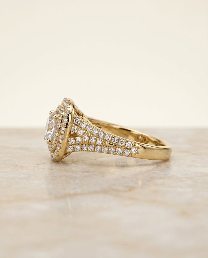 Round Brilliant, Four Row Double Halo, in 18K Yellow Gold, pave setting – side profile | RockHer