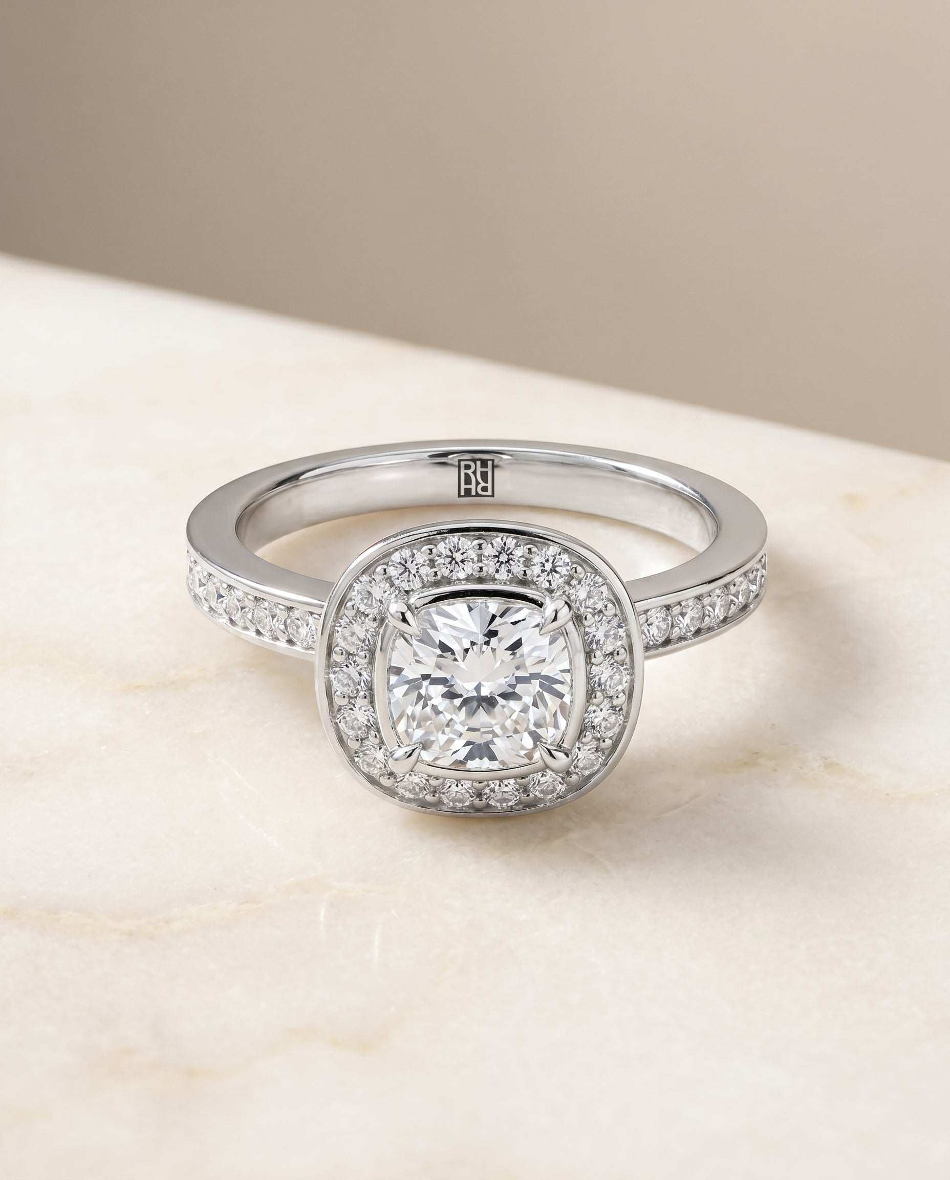 Marcia Select Bezel Halo Channel Band Cushion in Platinum – view 1