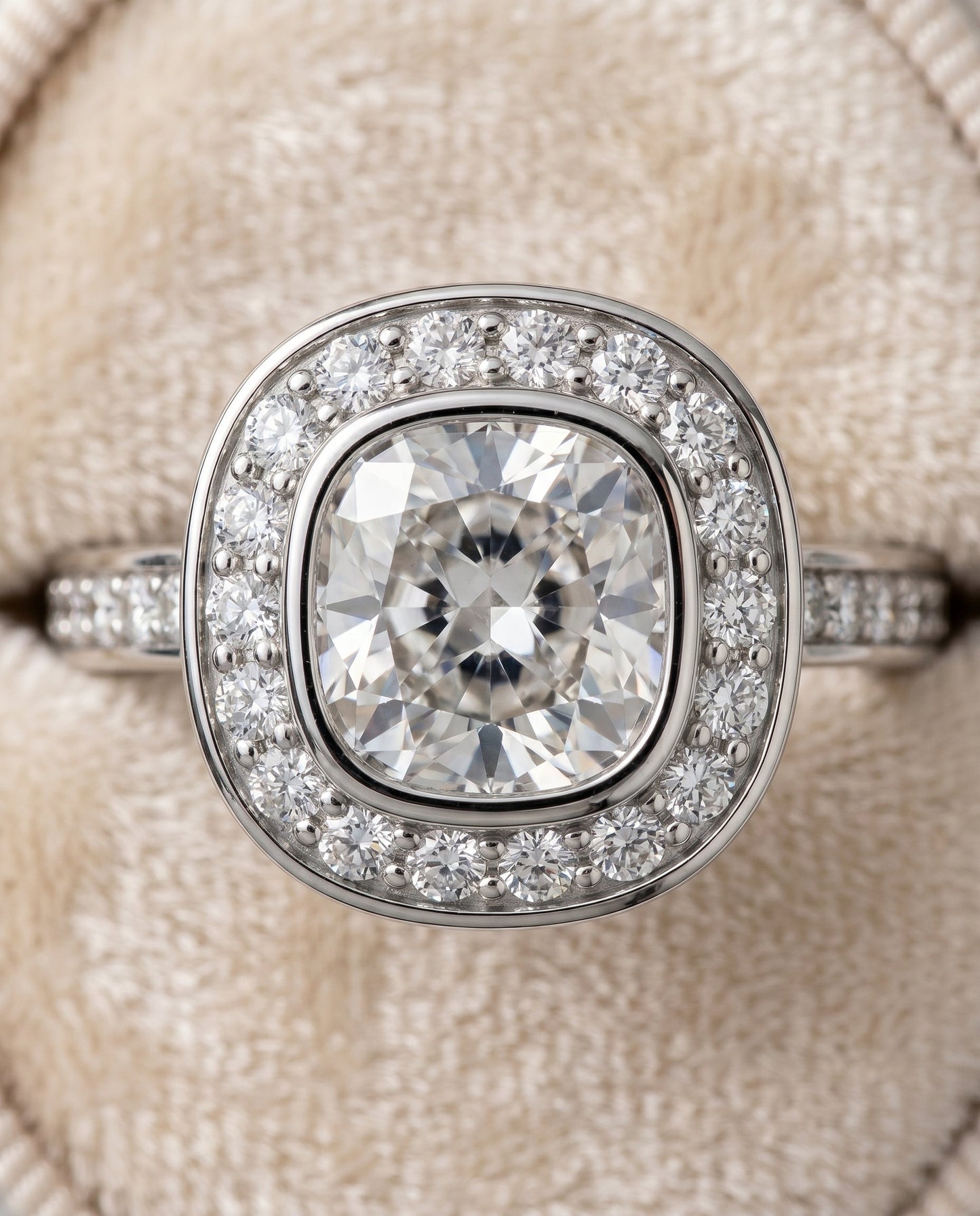 Marcia Select Bezel Halo Channel Band Cushion in Platinum – view 4