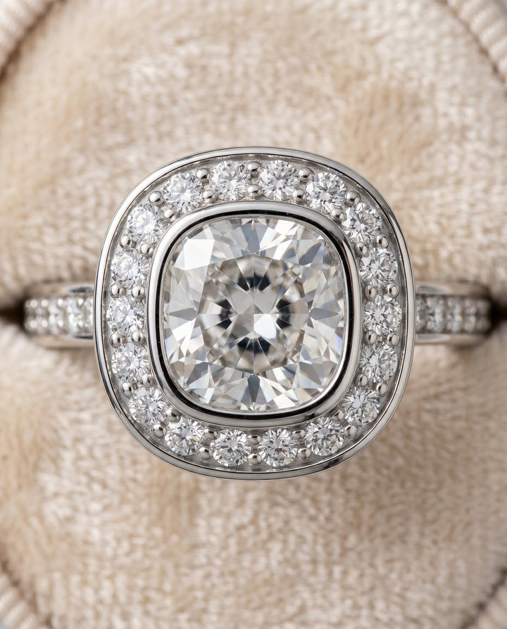 Marcia Select Bezel Halo Channel Band Cushion in Platinum – view 4