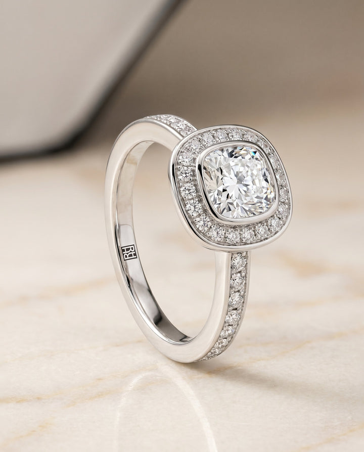 Marcia Select Bezel Halo Channel Band Cushion in Platinum – view 2
