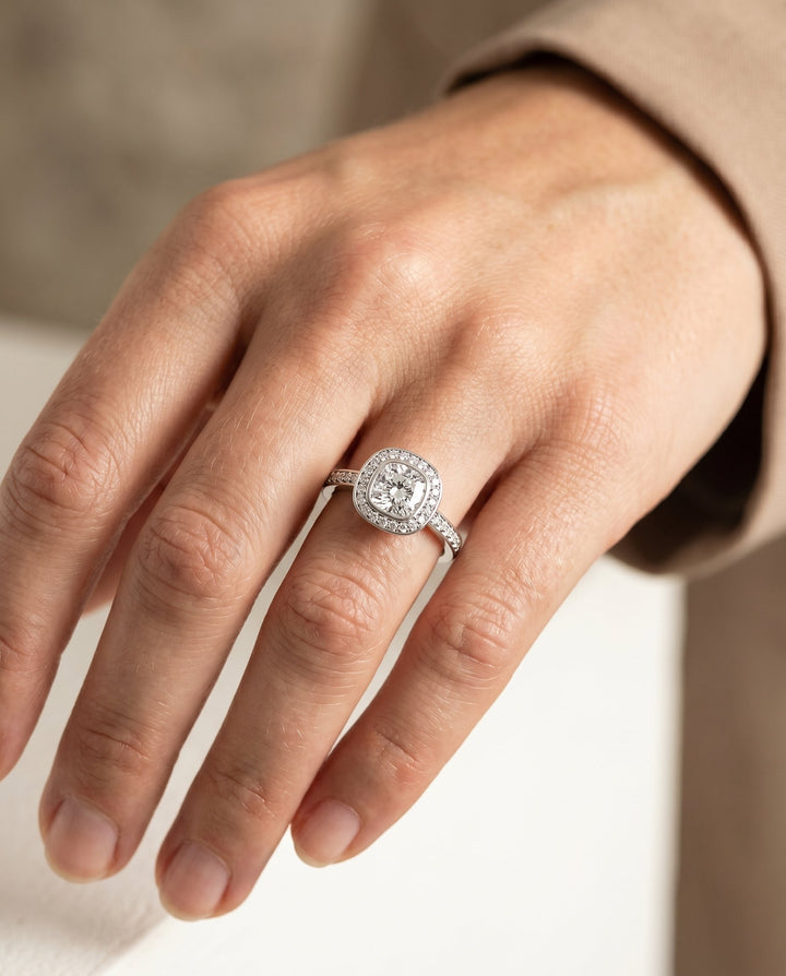 Marcia Select Bezel Halo Channel Band Cushion in Platinum – view 3