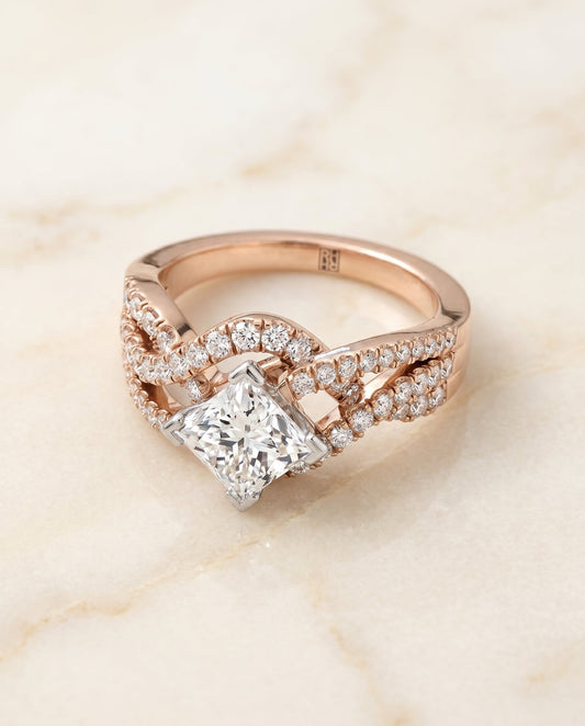 Marguerite Select Bypass Twist Pave Swirl Princess Cut Solitaire in 14K Rose Gol – view 1