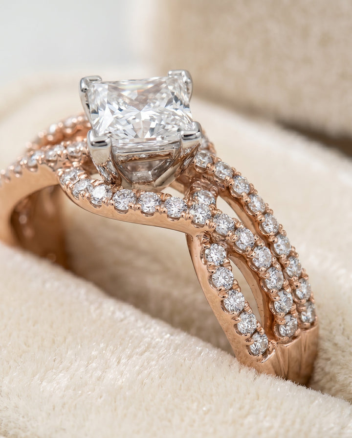 Marguerite Select Bypass Twist Pave Swirl Princess Cut Solitaire in 14K Rose Gol – view 4