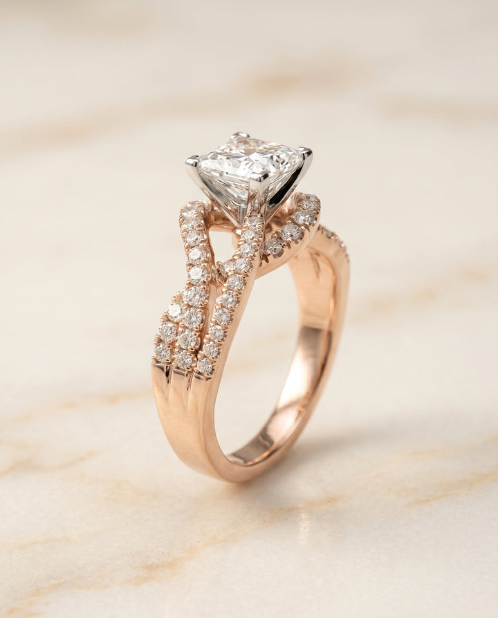 Marguerite Select Bypass Twist Pave Swirl Princess Cut Solitaire in 14K Rose Gol – view 2
