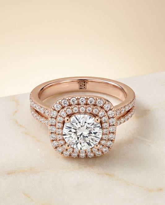 Round Brilliant, Linear Double Row Halo, in 14K Rose Gold, pave setting – angled view | RockHer