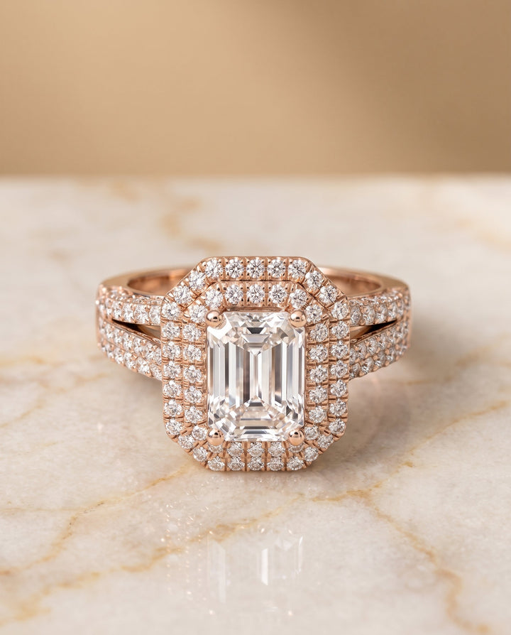 ตัวเรือนแหวนหมั้นเพชร Mariah ทรงมรกต ฝังปาเว่ ทองคำชมพู 14K จาก RockHer