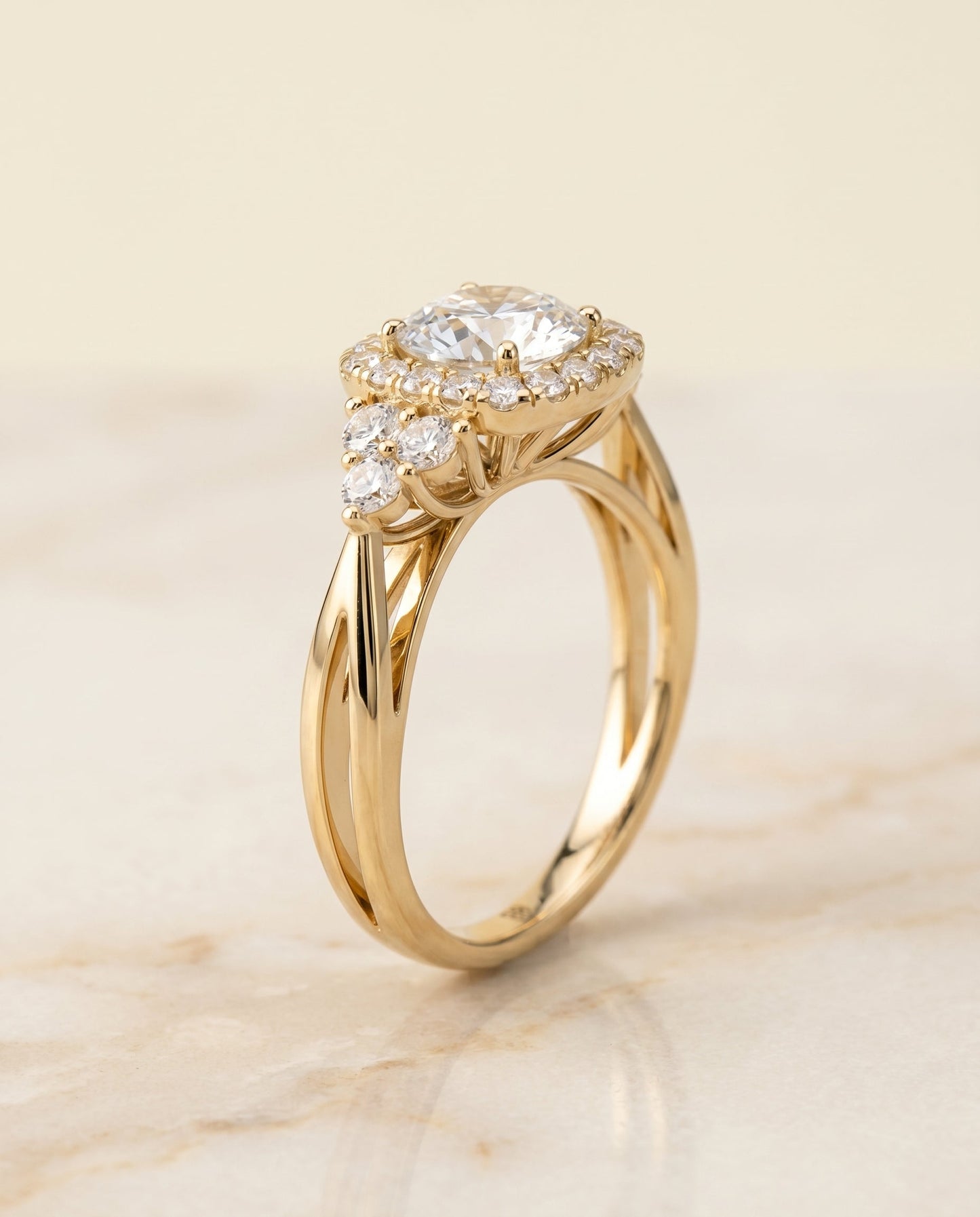 Round Brilliant, Open Twisted Triple Halo, in 18K Yellow Gold, pave setting – angled view | RockHer
