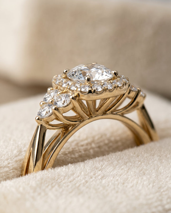 Round Brilliant, Open Twisted Triple Halo, in 18K Yellow Gold, pave setting – detail view | RockHer