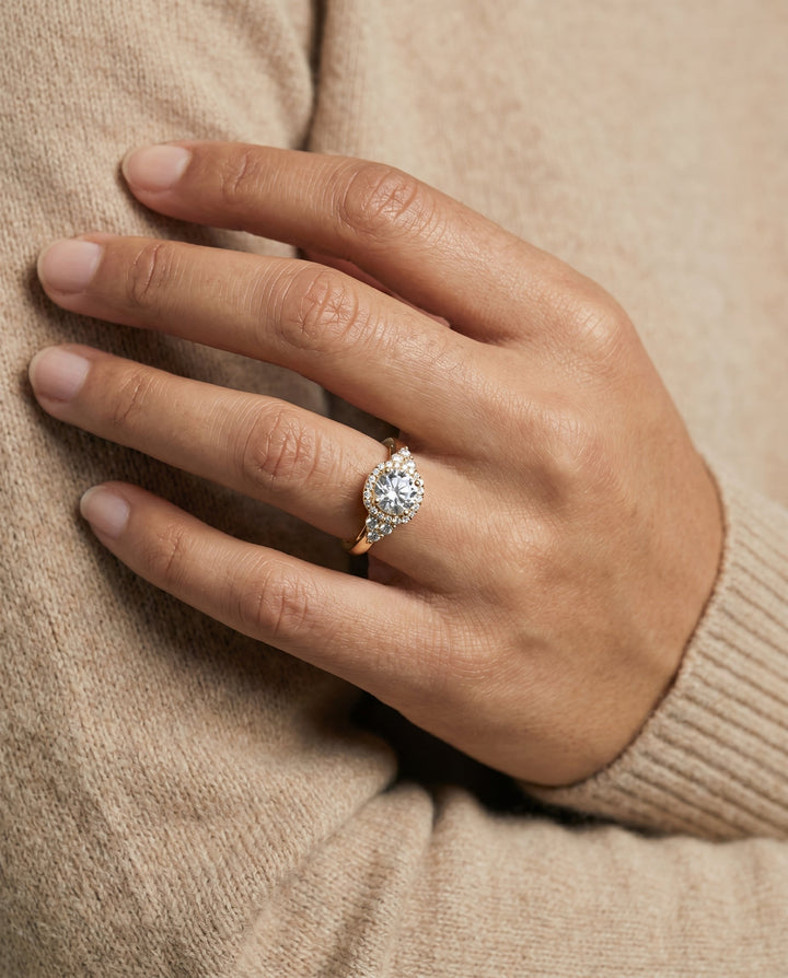 Round Brilliant, Open Twisted Triple Halo, in 18K Yellow Gold, pave setting – lifestyle shot | RockHer