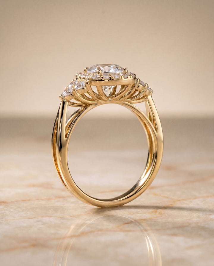 Round Brilliant, Open Twisted Triple Halo, in 18K Yellow Gold, pave setting – side profile | RockHer