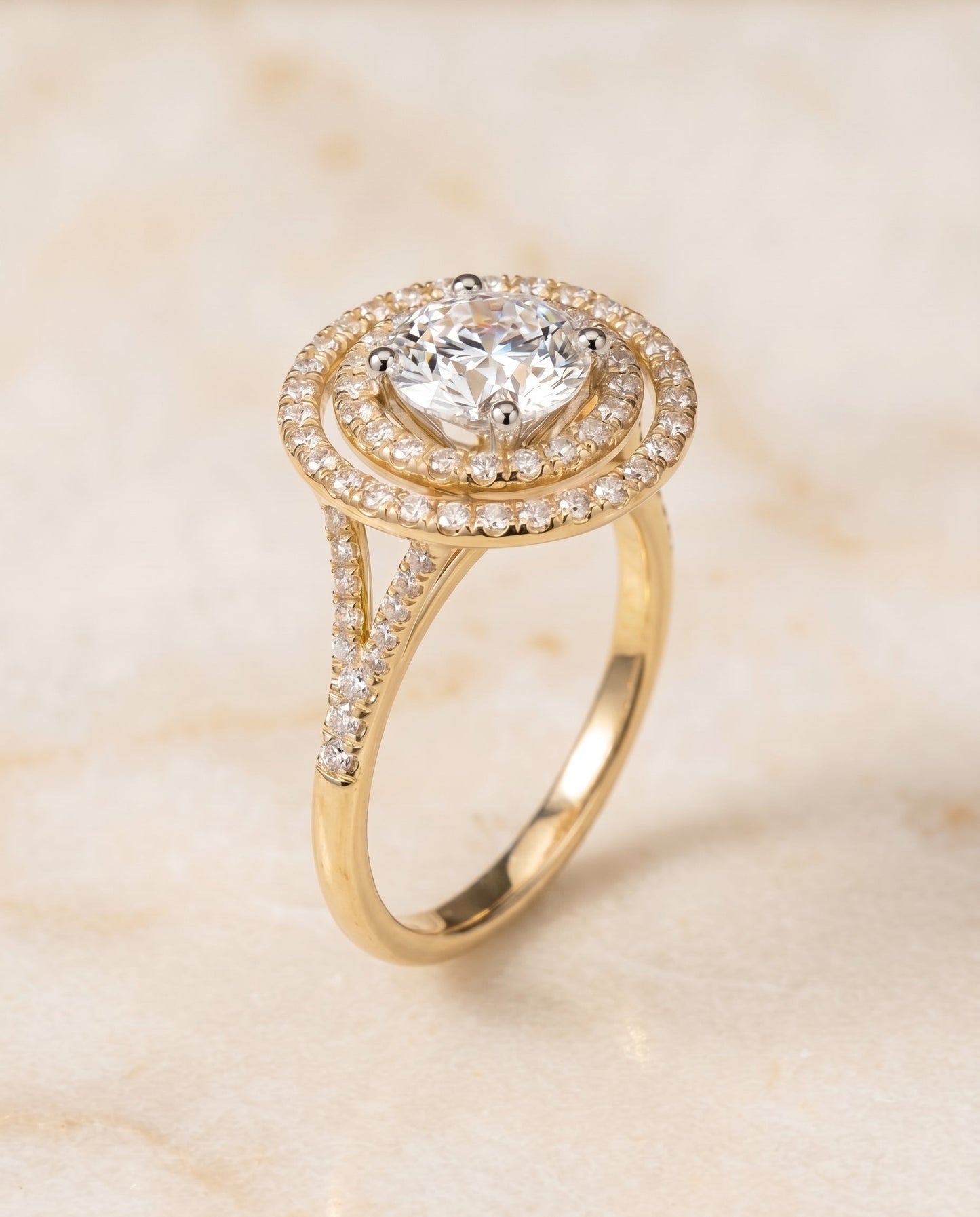 Round Brilliant, Double Halo Split Shank Pavé, in 18K Yellow Gold, pave setting – angled view | RockHer