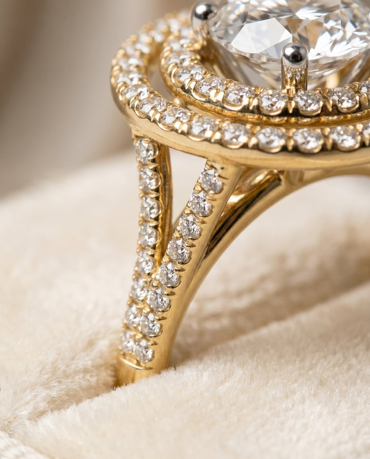 Round Brilliant, Double Halo Split Shank Pavé, in 18K Yellow Gold, pave setting – detail view | RockHer