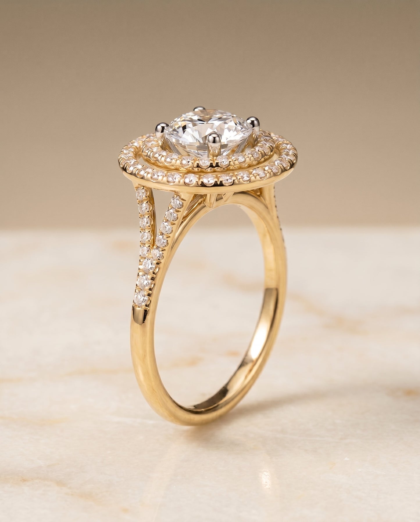 Round Brilliant, Double Halo Split Shank Pavé, in 18K Yellow Gold, pave setting – front view | RockHer