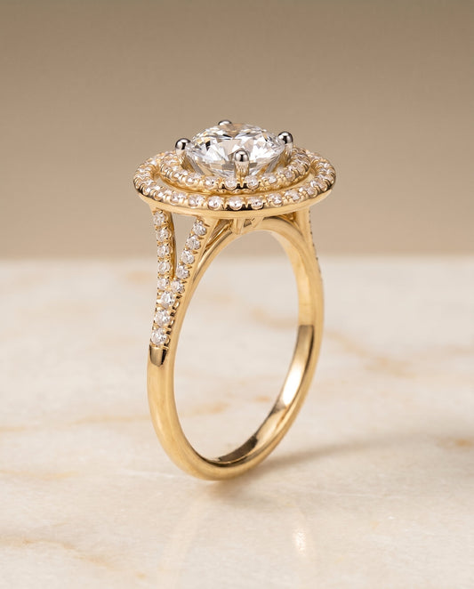 Round Brilliant, Double Halo Split Shank Pavé, in 18K Yellow Gold, pave setting – front view | RockHer
