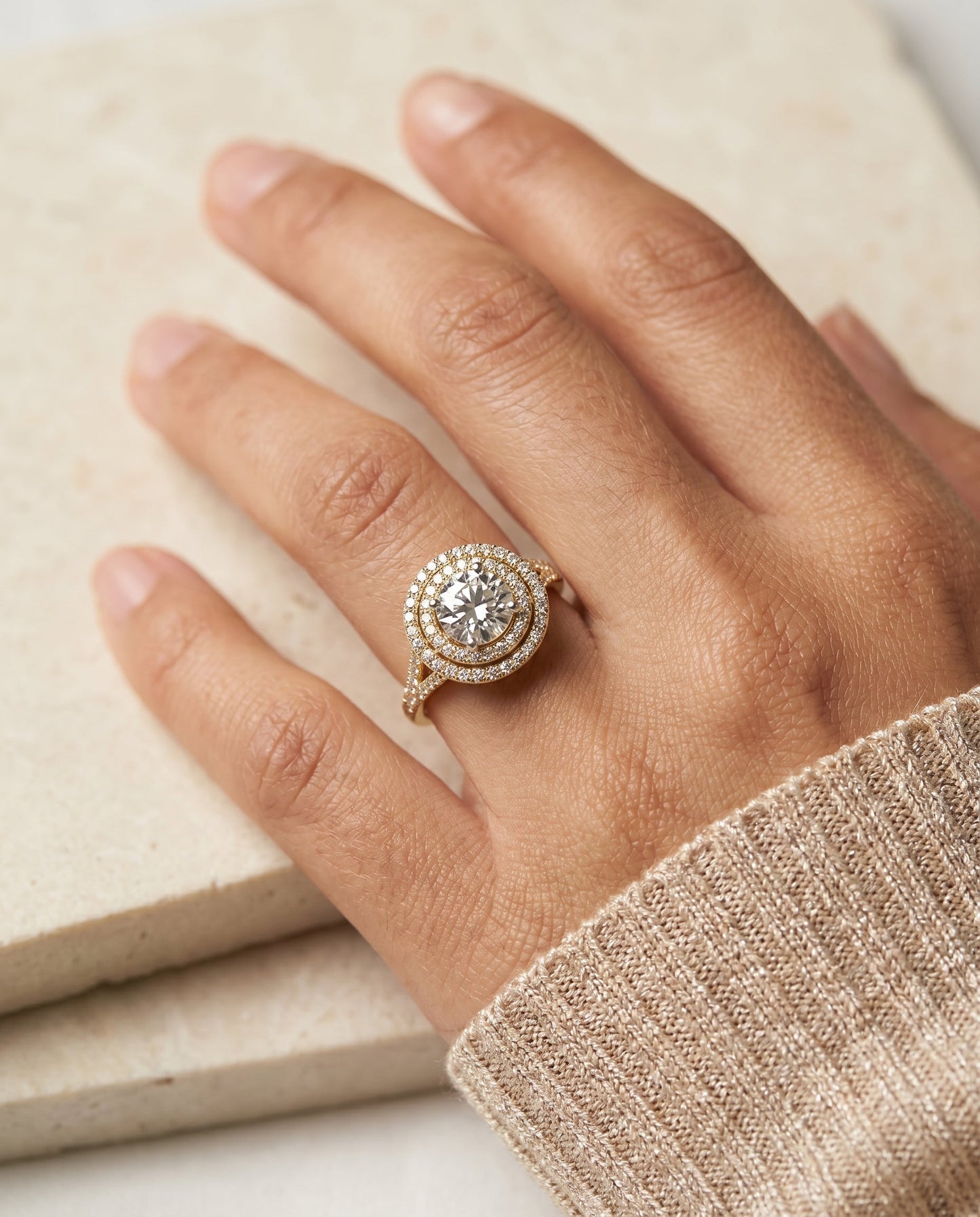 Round Brilliant, Double Halo Split Shank Pavé, in 18K Yellow Gold, pave setting – lifestyle shot | RockHer