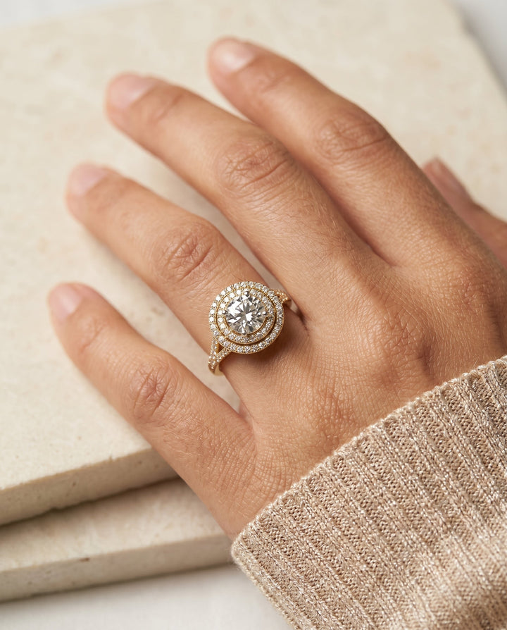 Round Brilliant, Double Halo Split Shank Pavé, in 18K Yellow Gold, pave setting – lifestyle shot | RockHer