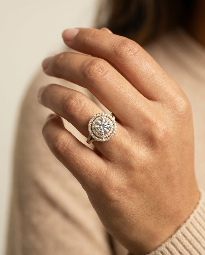 Round Brilliant, Double Halo Split Shank Pavé, in 18K Yellow Gold, pave setting – lifestyle shot | RockHer