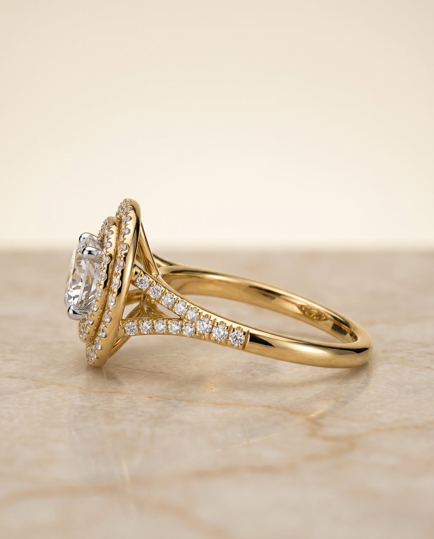 Round Brilliant, Double Halo Split Shank Pavé, in 18K Yellow Gold, pave setting – side profile | RockHer