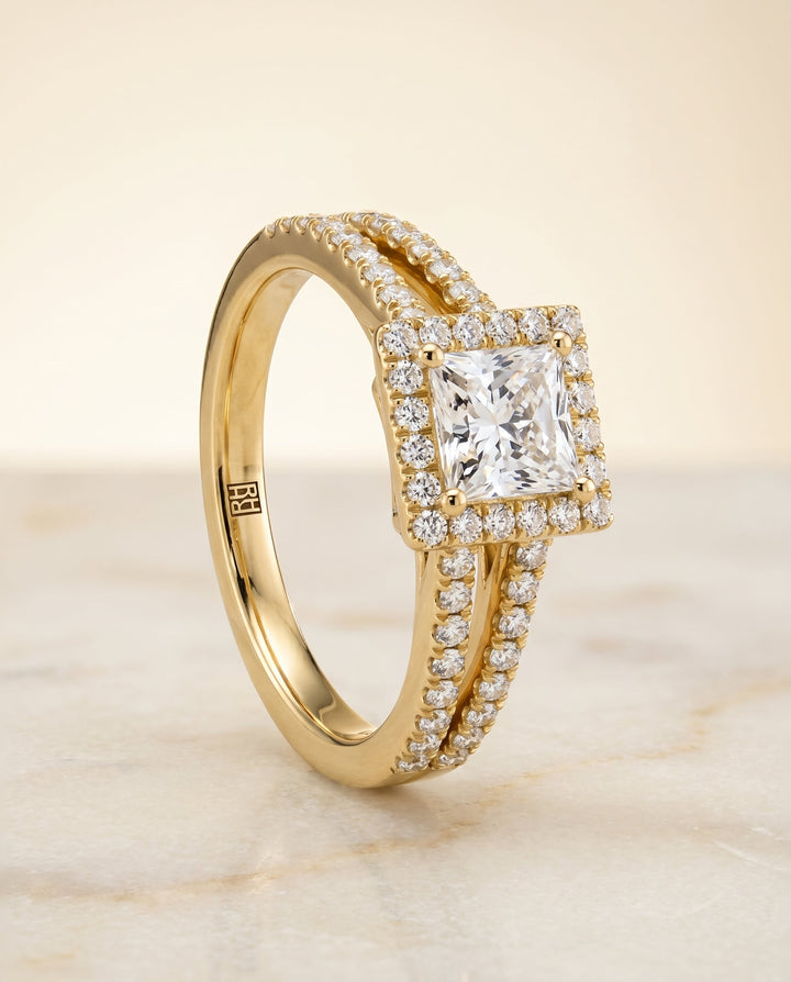 Split Shank Pavé Halo Princess, in 18K Yellow Gold, pave setting – angled view | RockHer