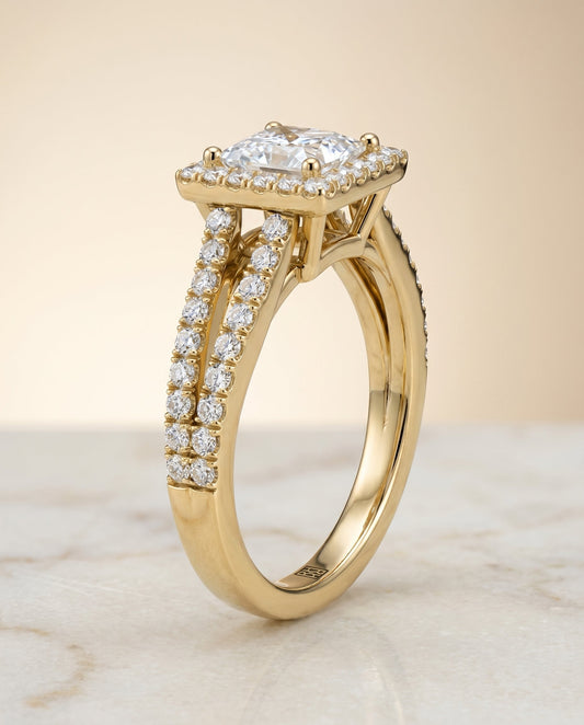 Split Shank Pavé Halo Princess, in 18K Yellow Gold, pave setting – front view | RockHer