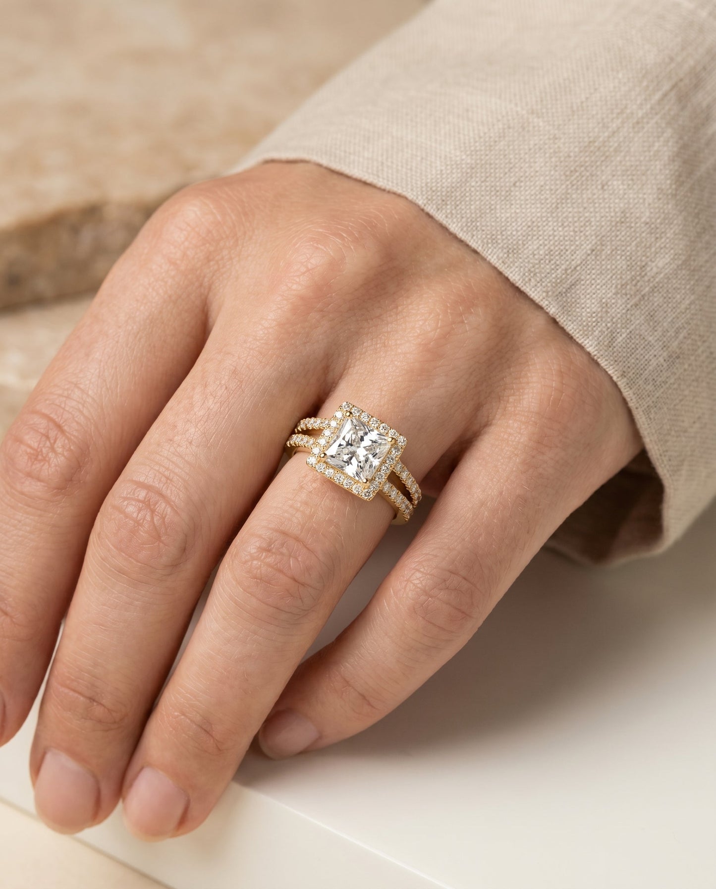 Split Shank Pavé Halo Princess, in 18K Yellow Gold, pave setting – lifestyle shot | RockHer