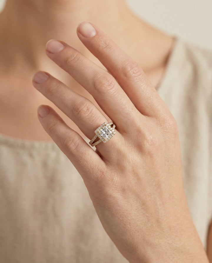Split Shank Pavé Halo Princess, in 18K Yellow Gold, pave setting – lifestyle shot | RockHer