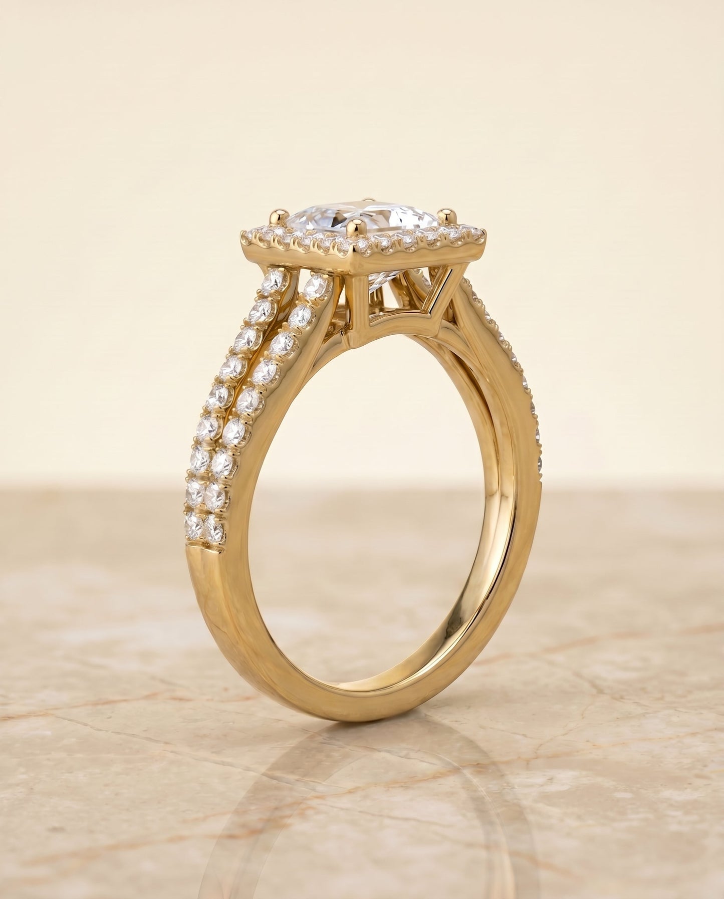 Split Shank Pavé Halo Princess, in 18K Yellow Gold, pave setting – side profile | RockHer