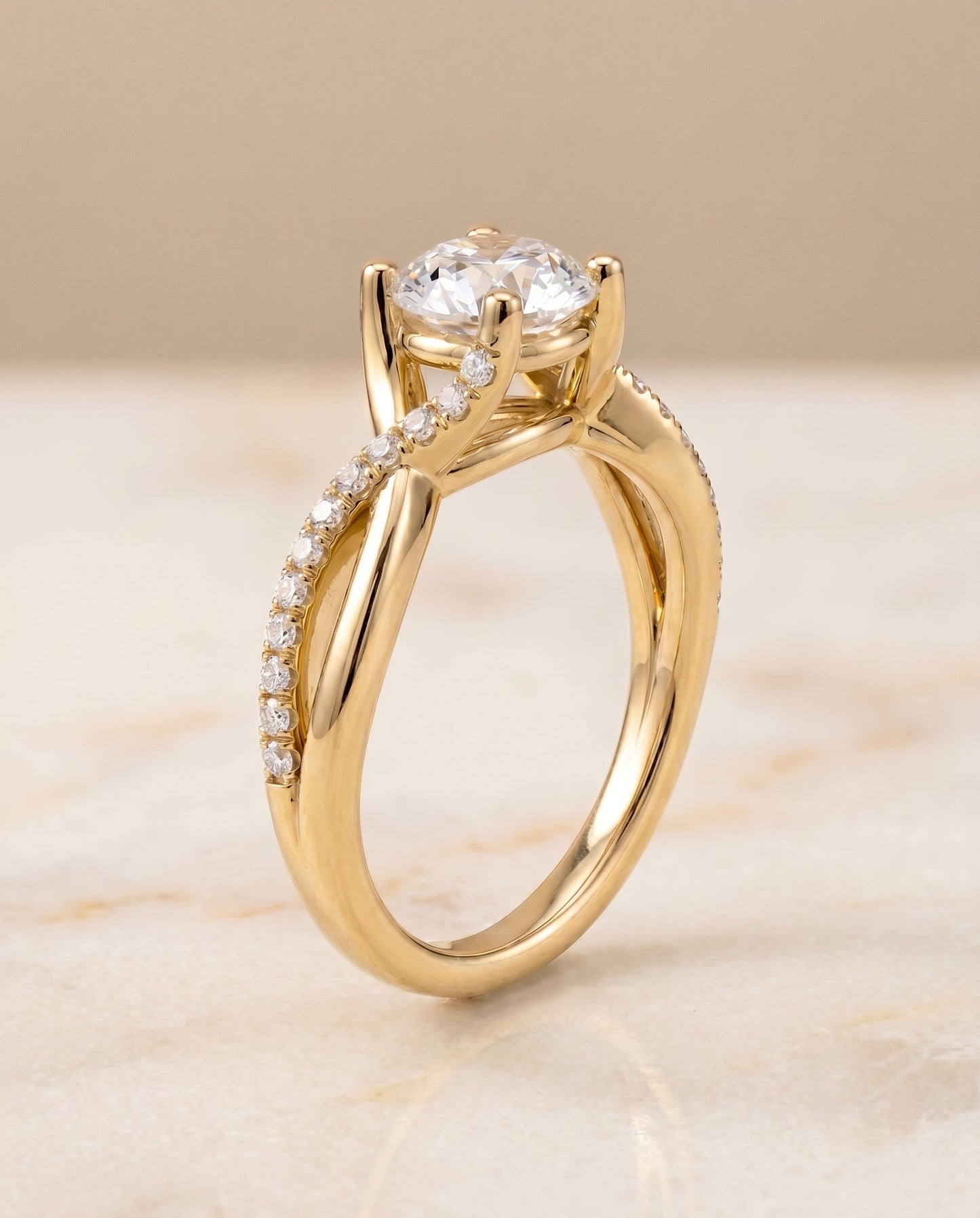 Round Brilliant, Bypass Pavé Twist, in 18K Yellow Gold, pave setting – front view | RockHer