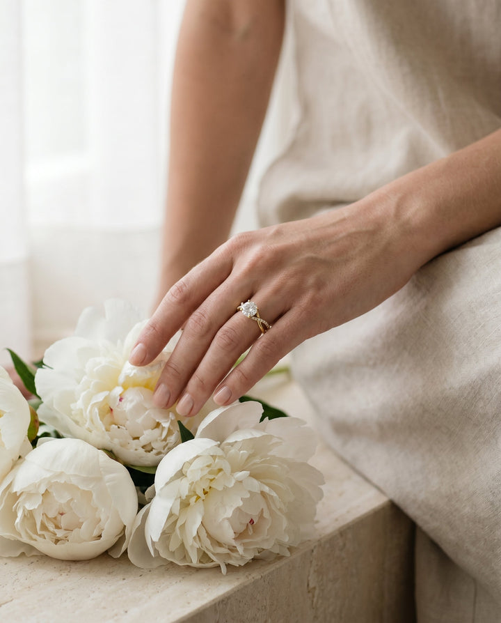 Round Brilliant, Bypass Pavé Twist, in 18K Yellow Gold, pave setting – lifestyle shot | RockHer