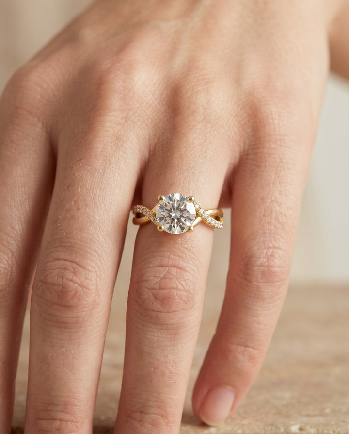 Round Brilliant, Bypass Pavé Twist, in 18K Yellow Gold, pave setting – lifestyle shot | RockHer