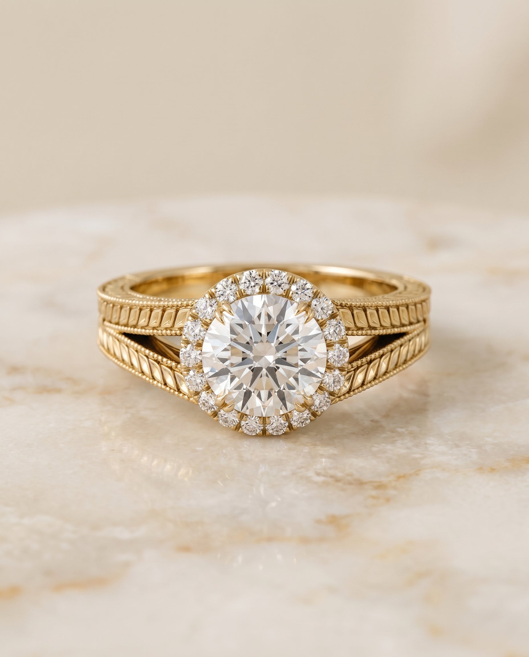 The Ramona Pavé Halo Engagement Ring Setting for Round Diamonds in 18K Yellow Gold | RockHer