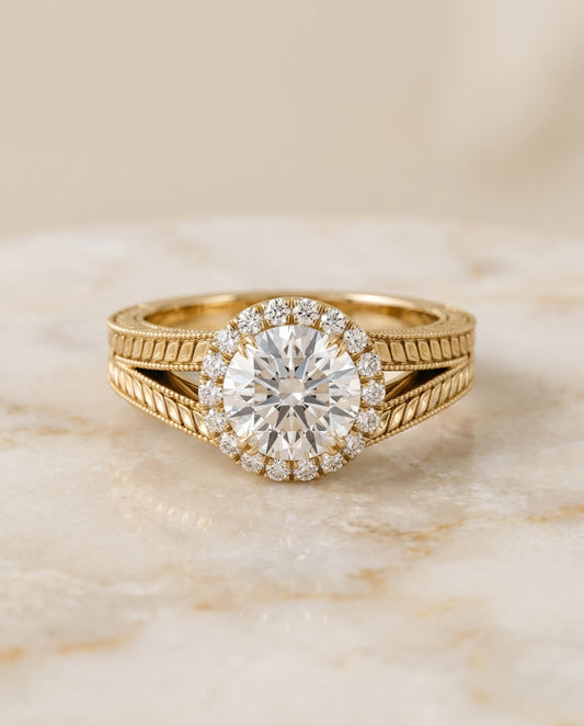 The Ramona Pavé Halo Engagement Ring Setting for Round Diamonds in 18K Yellow Gold | RockHer