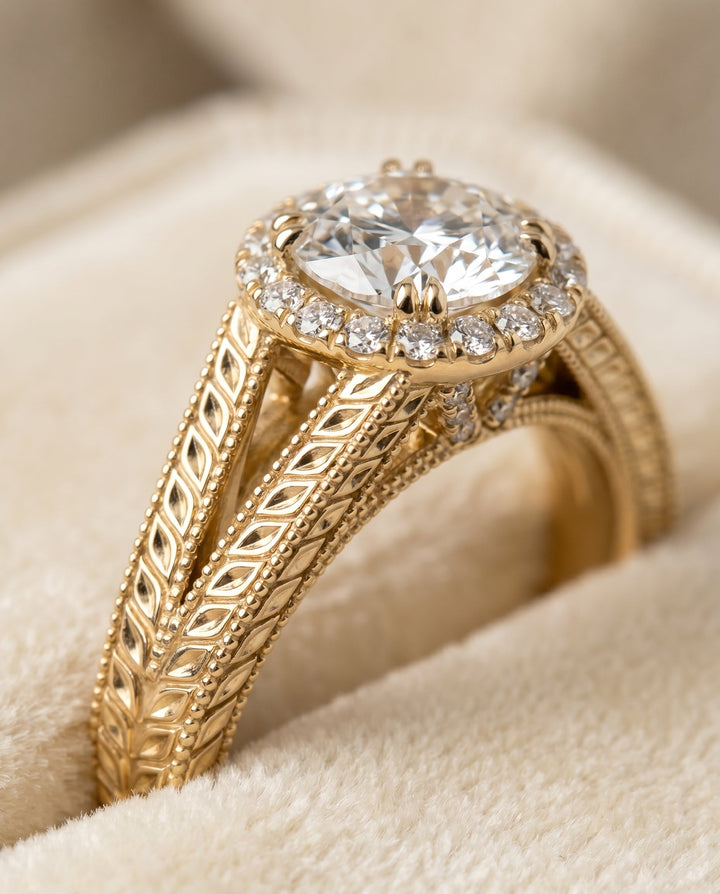 The Ramona Pavé Halo Engagement Ring Setting for Round Diamonds in 18K Yellow Gold