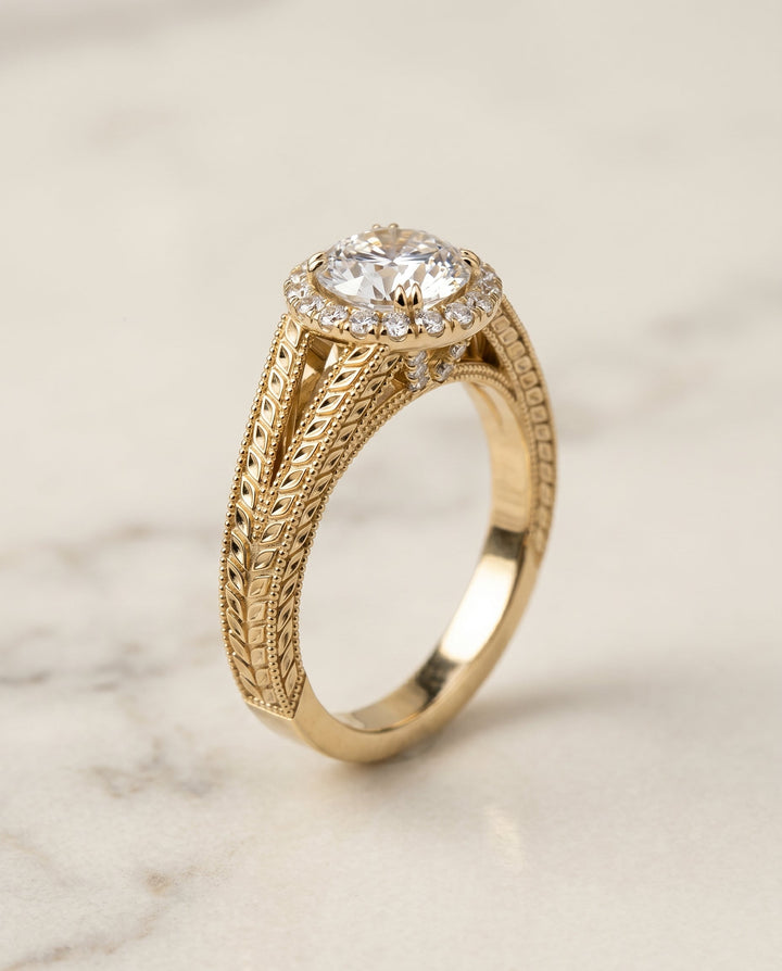 The Ramona Pavé Halo Engagement Ring Setting for Round Diamonds in 18K Yellow Gold