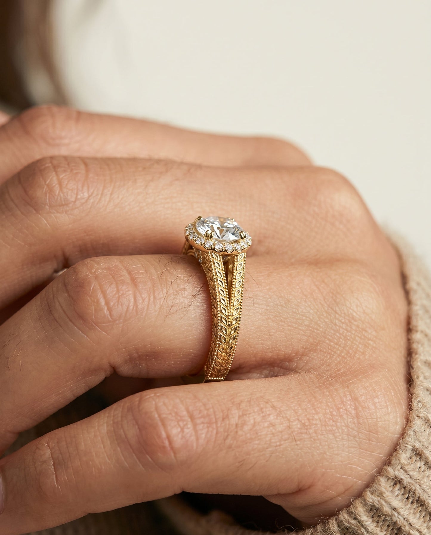 The Ramona Pavé Halo Engagement Ring Setting for Round Diamonds in 18K Yellow Gold