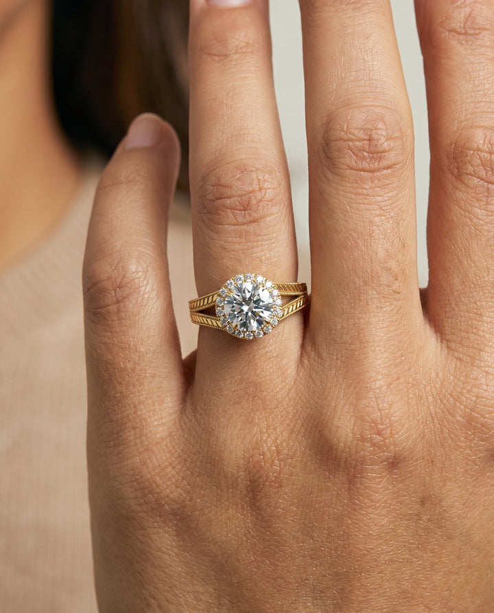 The Ramona Pavé Halo Engagement Ring Setting for Round Diamonds in 18K Yellow Gold