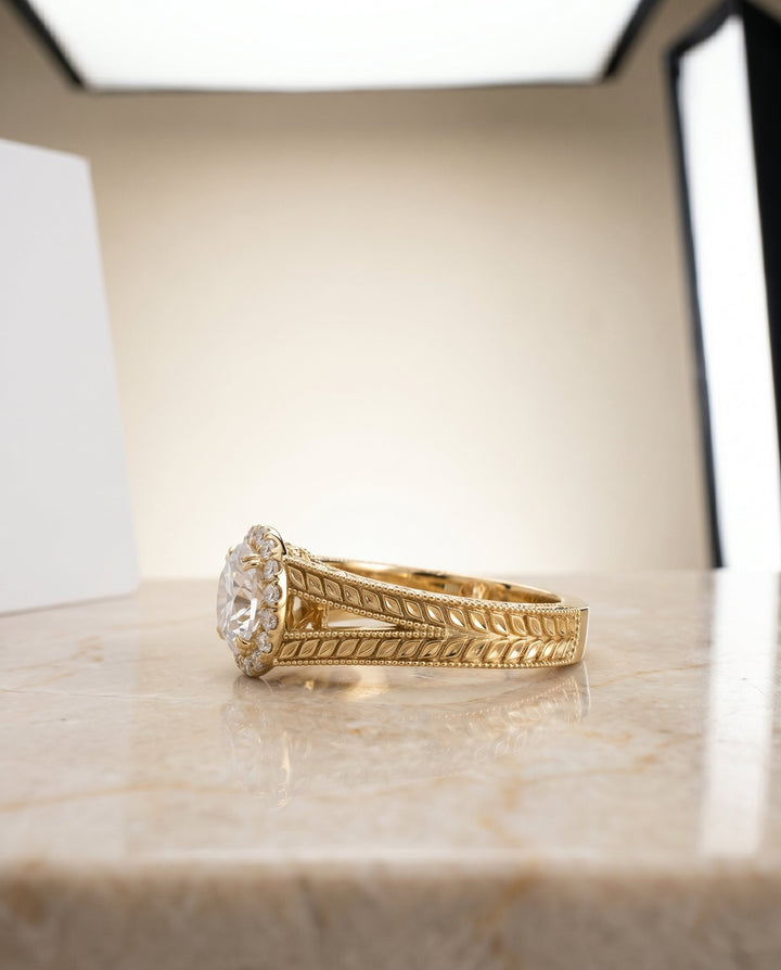 The Ramona Pavé Halo Engagement Ring Setting for Round Diamonds in 18K Yellow Gold