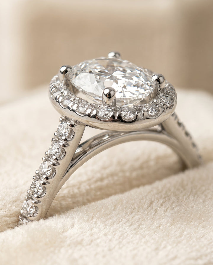 ตัวเรือนแหวนหมั้น Sade Pavé Halo สำหรับเพชรรูปไข่ในแพลทินัม
