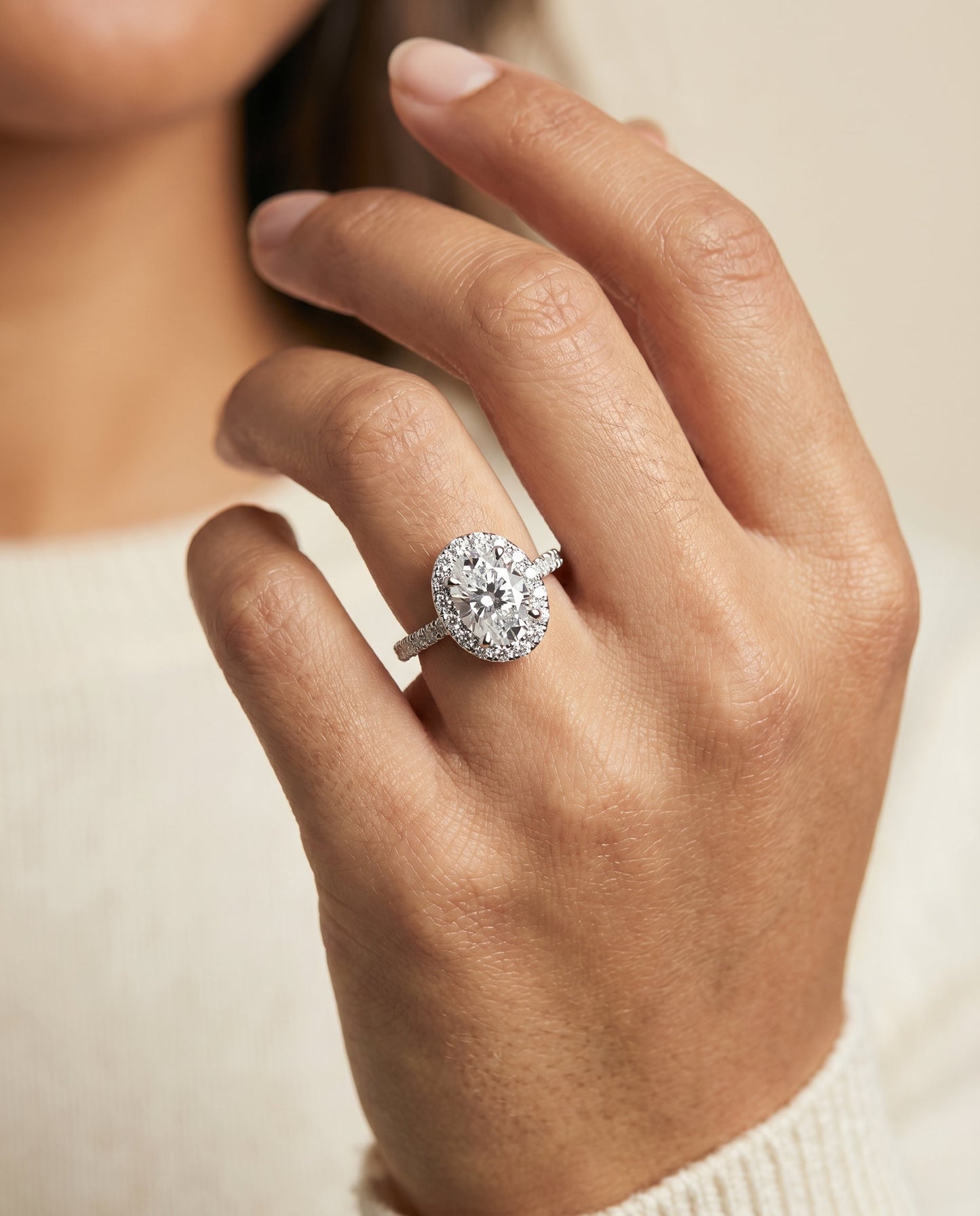 Sade Select Classic French Pave Halo Linear Oval in Platinum – view 3