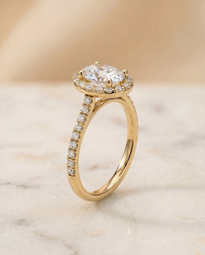Sade Select Classic French Pave Halo Linear Oval in 18K Yellow Gold – view 2
