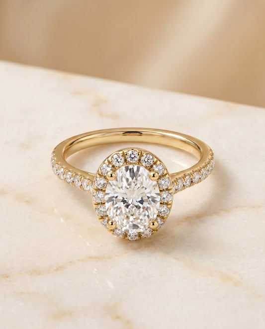 Sade Select Classic French Pave Halo Linear Oval in 18K Yellow Gold – view 1