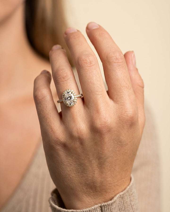 Sade Select Classic French Pave Halo Linear Oval in 18K Yellow Gold – view 3