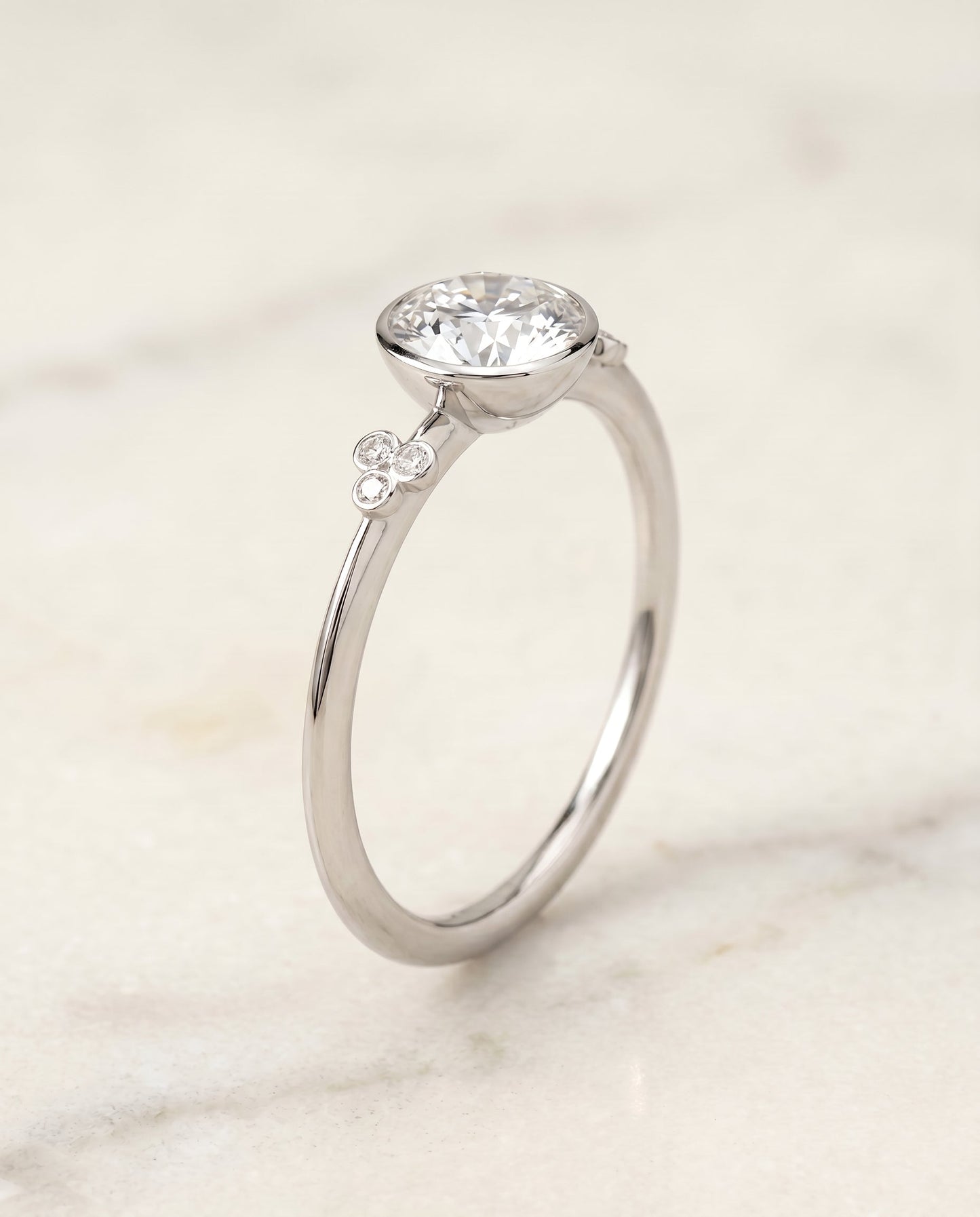 Selena Select Plat Bezel Set Round Engagement Ring With 6 Clover Bezel Set Round – view 2