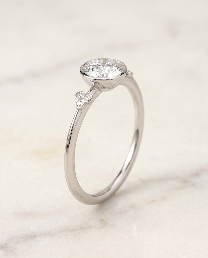 Selena Select Plat Bezel Set Round Engagement Ring With 6 Clover Bezel Set Round – view 2