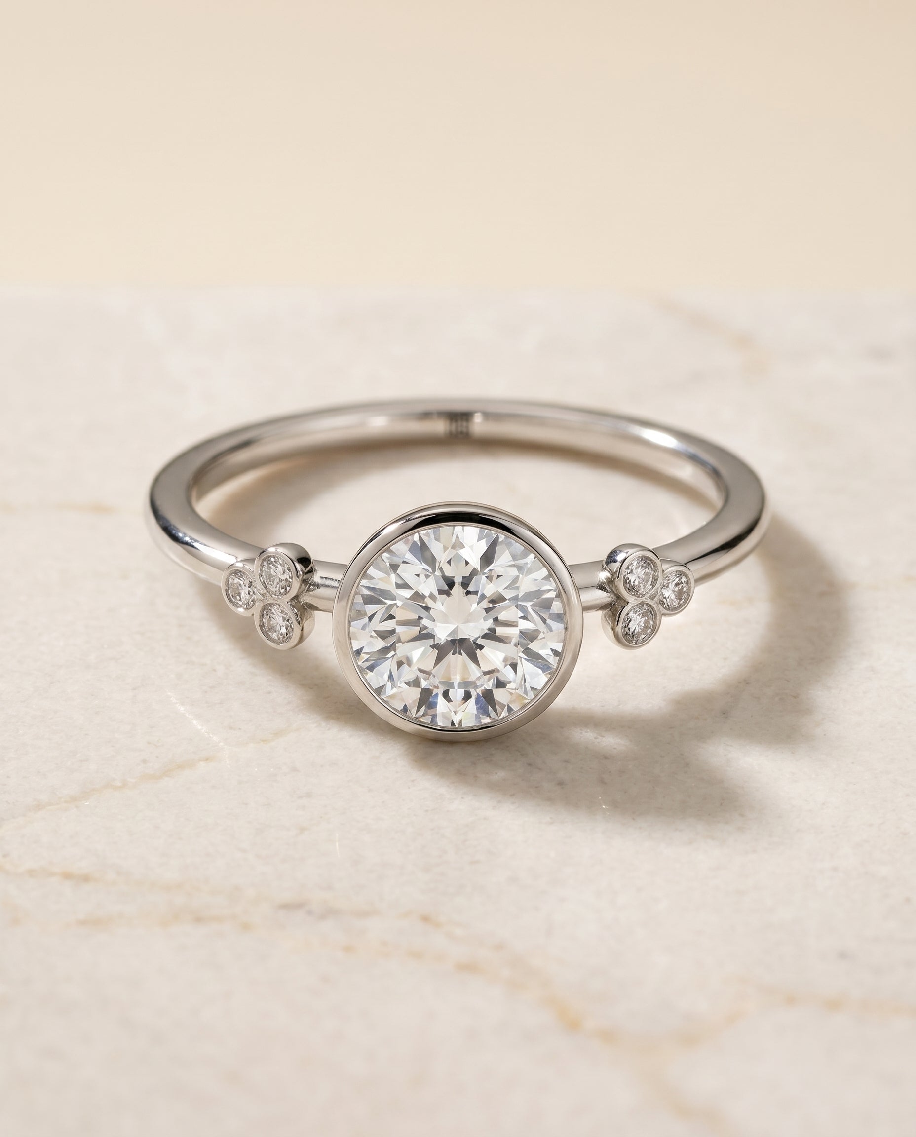 Selena Select Plat Bezel Set Round Engagement Ring With 6 Clover Bezel Set Round – view 1