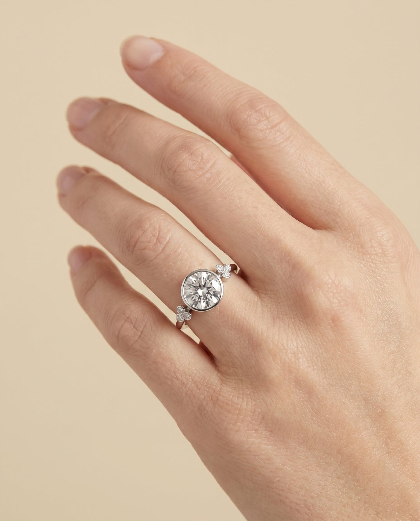 Selena Select Plat Bezel Set Round Engagement Ring With 6 Clover Bezel Set Round – view 3