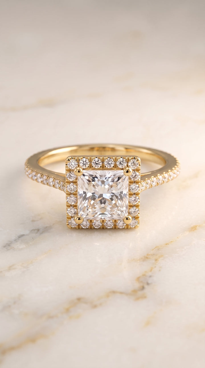 ตัวเรือนแหวนหมั้นเพชร Sonata ทรงปริ๊นเซส ฝังปาเว่ ทองคำเหลือง 18K จาก RockHer