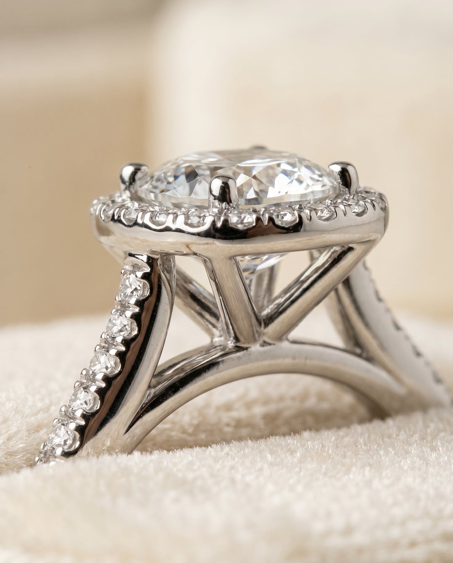 Sonata Select Graduated Shank Pave Halo Cushion in Platinum – view 4